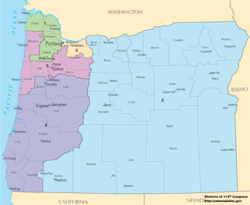 A map of oregon showing the five legislative districts. District 1 is the Northern Coast and West side of Portland, District 2 is the East side of the state, District 3 is the East side of Portland, District 4 is the Southern Coast and West side of the state, District 5 is the central coast over to Salem and surrounding areas.