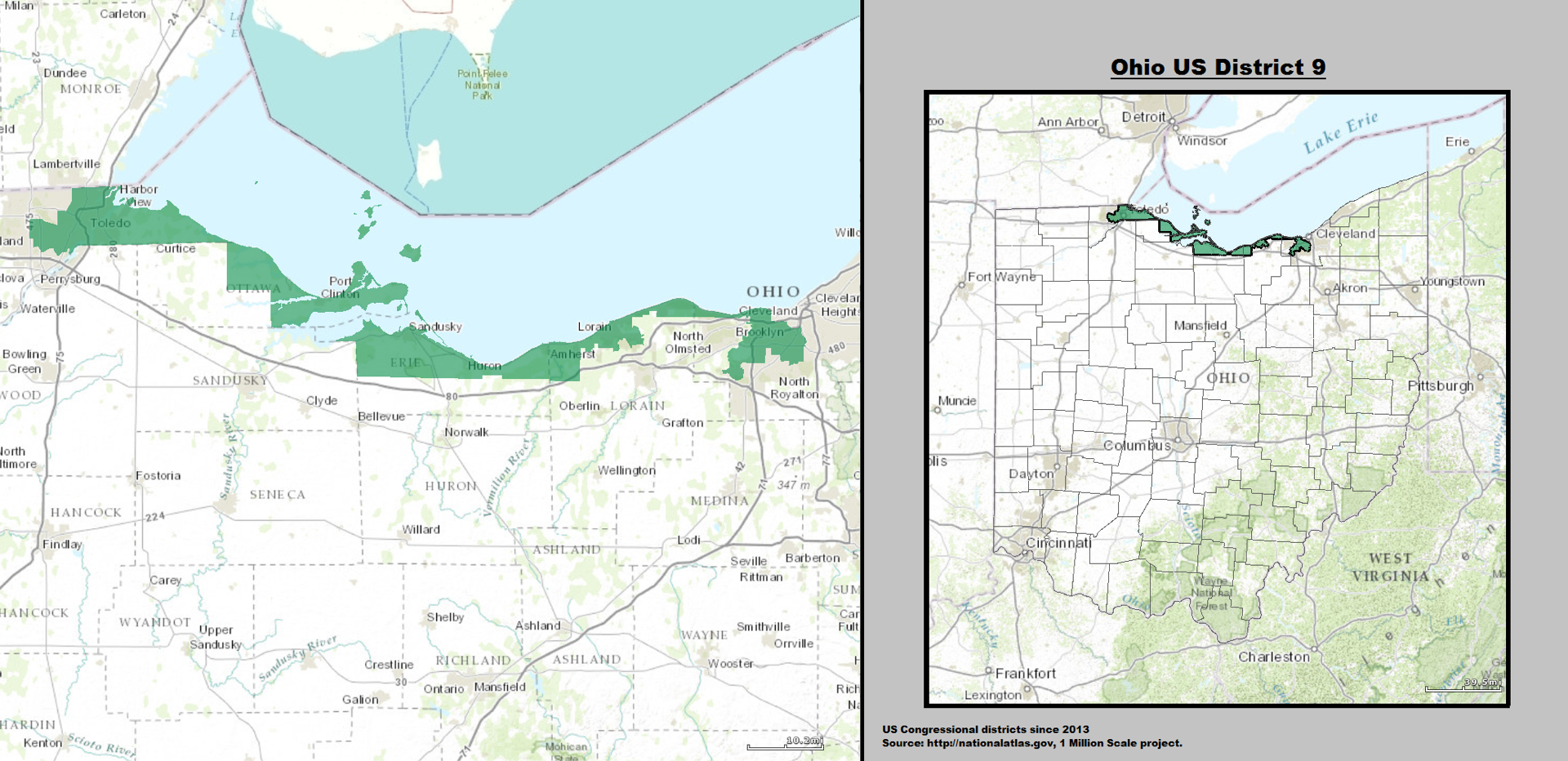 A map of Ohio with the district shaded in that is long and thin along Lake Erie that looks like a sea monster.