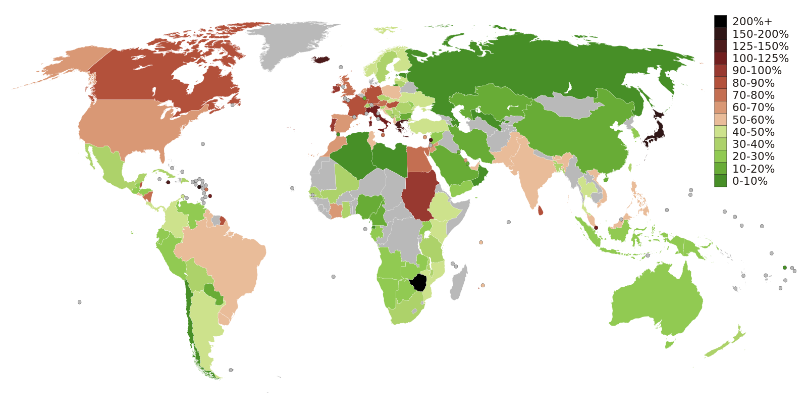 World map showing debt to GDP ratios in each country