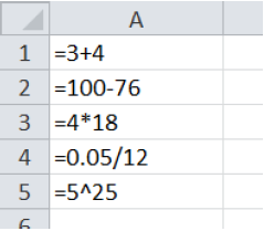 A spreadsheet showing the examples entered in the spreadsheet. cell A1 has =3+4, cell A2 has =100-76, cell A3 has =4*18, cell A4 has =0.05/12 and cell A5 has =5^25.