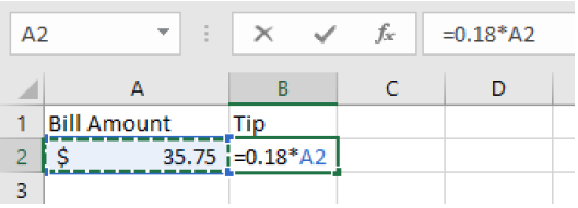 A spreadsheet showing a formula with a cell reference, =0.18*A2