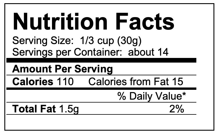 Nutrition label for cannister of breadcrumbs; Serving size of 1/3 cup is 30g; Servings per container about 14; Amount per serving: 110 calories, 1.5 grams of fat.