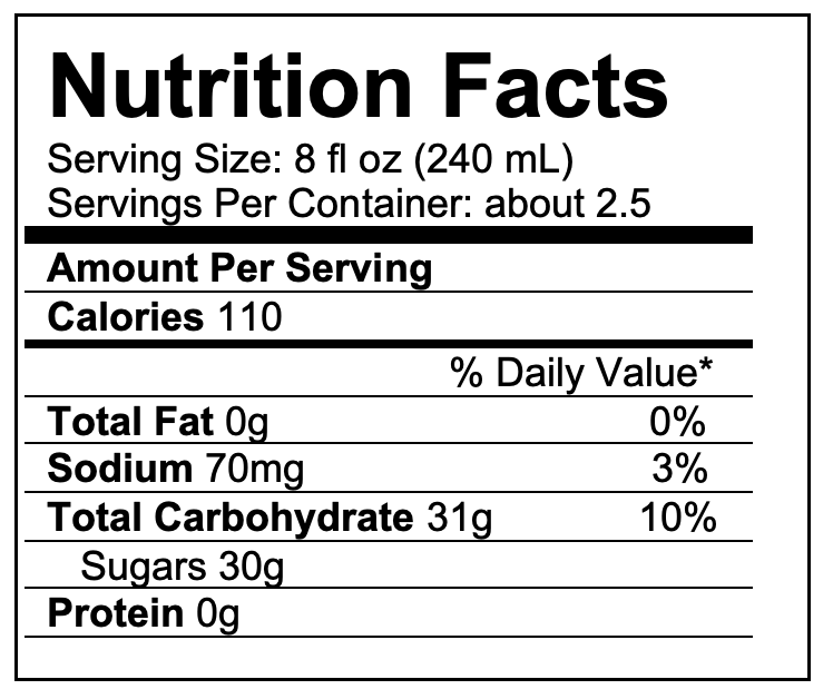 Nutrition label for a bottle of soda; Serving size of 8 fluid ounces is 240 ml. Amount per serving: 110 calories, 0 grams of fat, 30 grams of sugar.