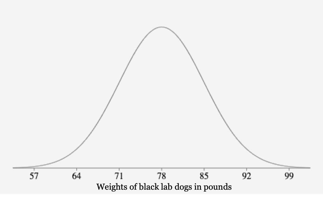 A normal curve labeled with 57, 64, 71, 78, 85, 92 and 99 pounds. The title of the graph is weights of black lab dogs in points.