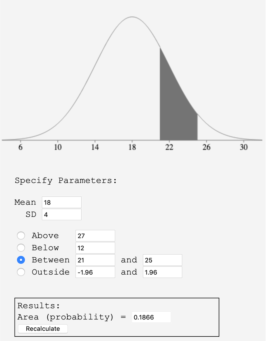 A screenshot of onlinestatbook showing the inputs and output described above.